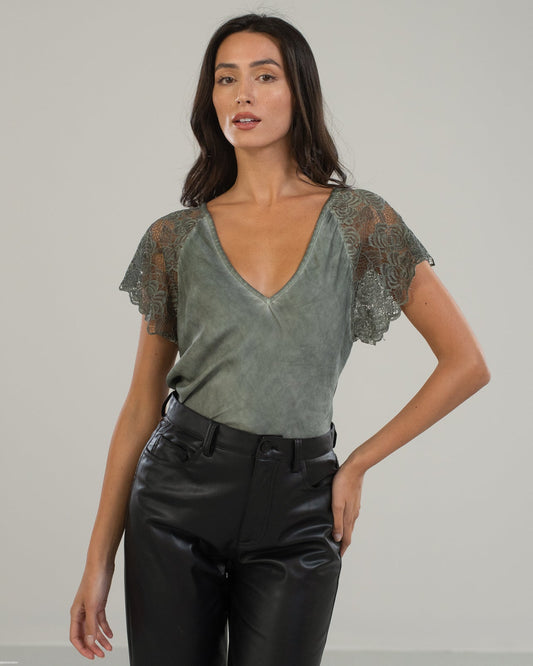 Lace Sleeve V Neck | Khaki