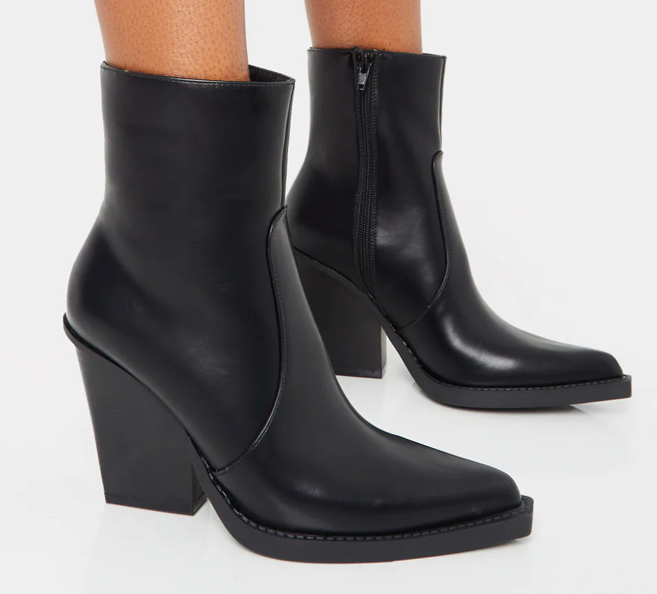 Public Desire - JESSIE BLACK PU WESTERN POINTED TOE BLOCK HEELED ANKLE BOOTS