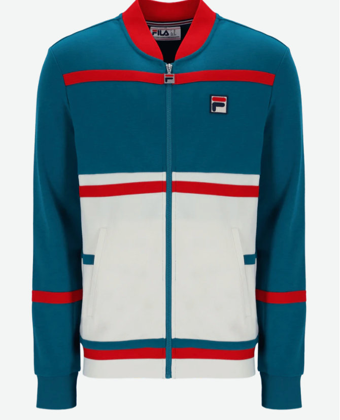 Fila Stefan Archive Cut And Sew Track Jacket In Deep Lagoon/Fila Red/Gardenia