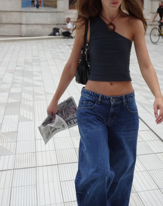 MOTEL X JACQUIE Roomy Extra Wide Low Rise Jeans In Mid Blue Used