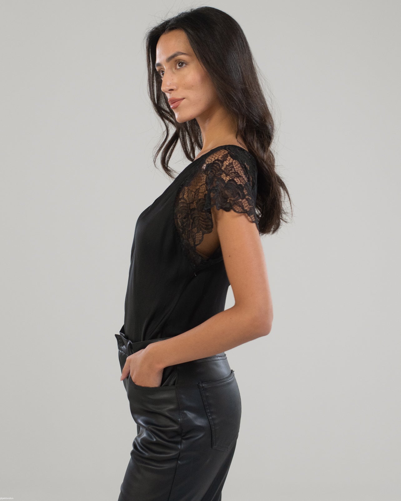 Lace Sleeve V Neck | Black