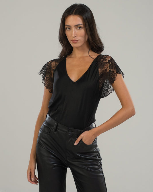 Lace Sleeve V Neck | Black