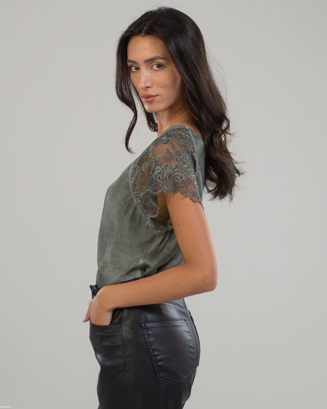 Lace Sleeve V Neck | Khaki