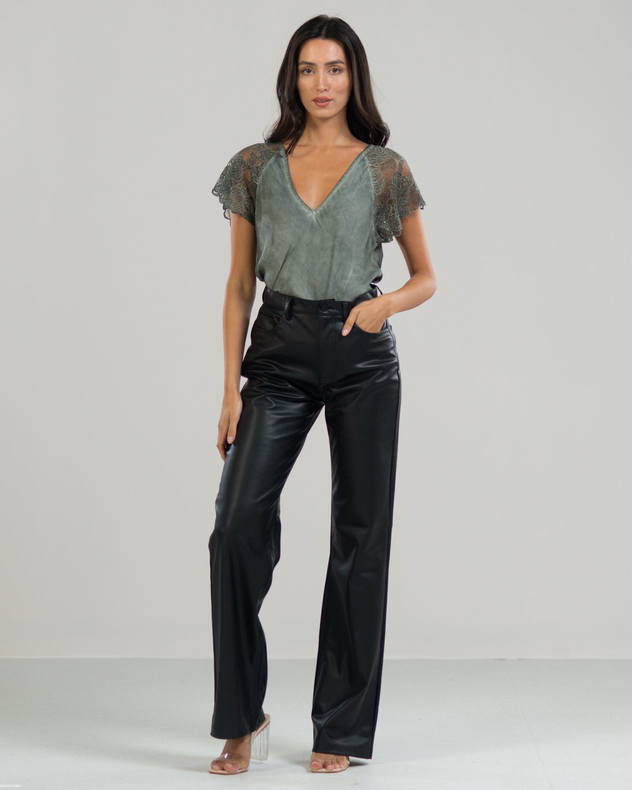 Lace Sleeve V Neck | Khaki
