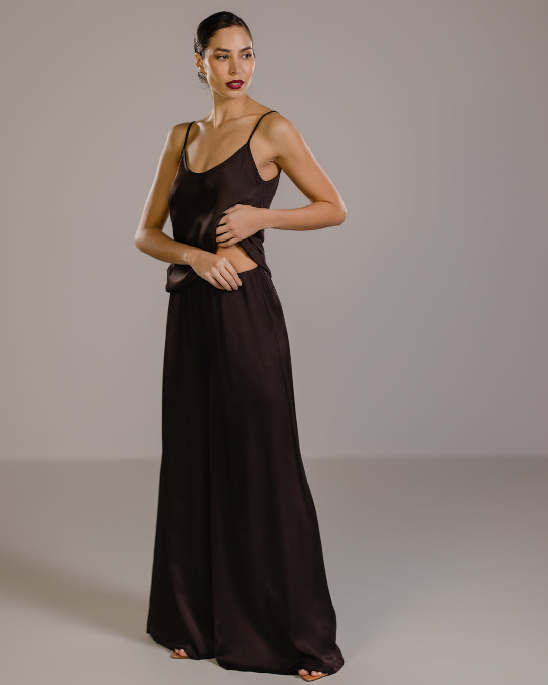 Helena Elastic Waist Satin Trousers | Espresso Brown
