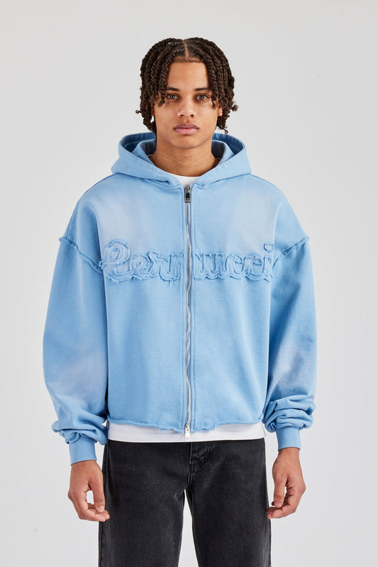 Milroy Washed Applique Zip Through Hoodie - Blue