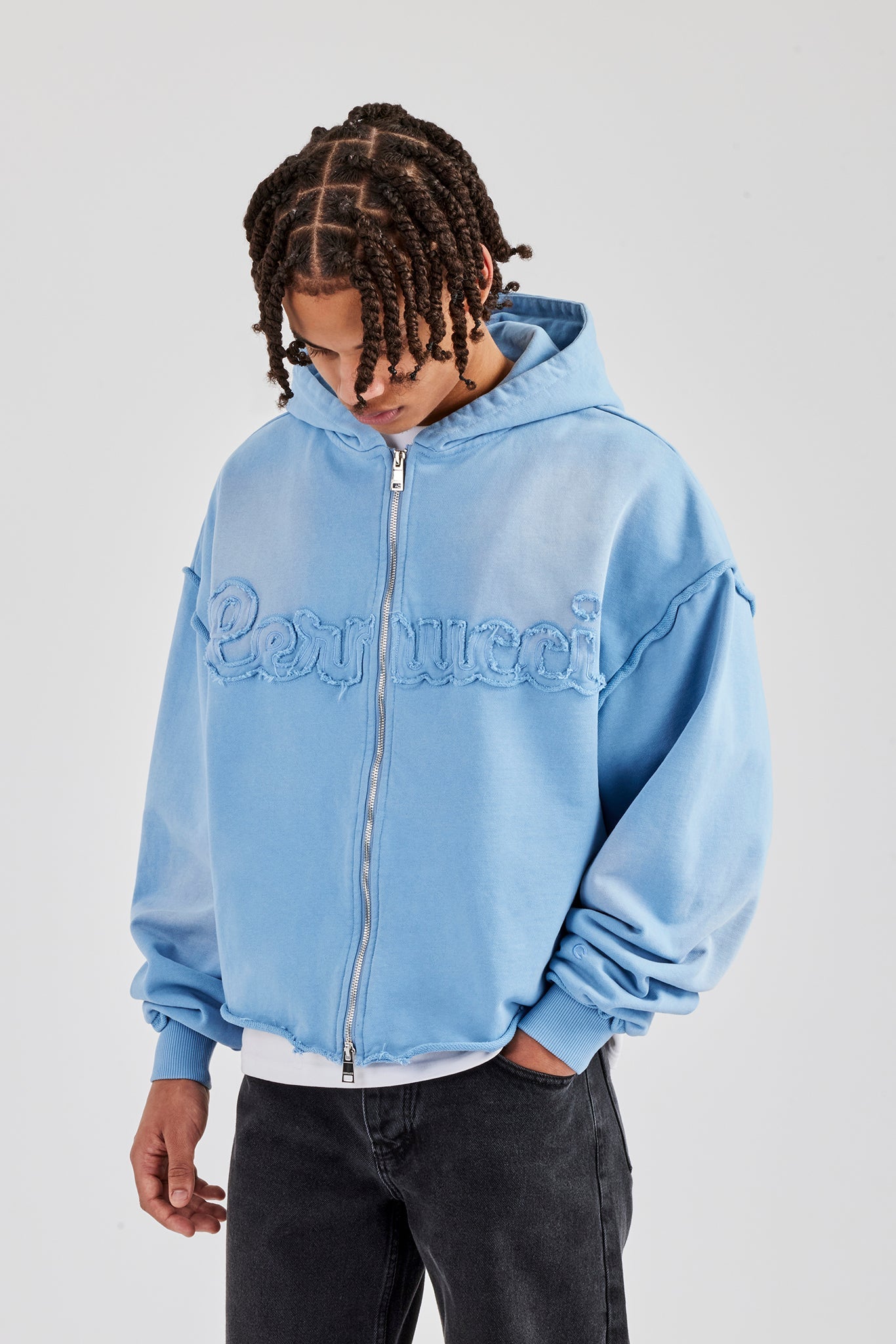 Milroy Washed Applique Zip Through Hoodie - Blue