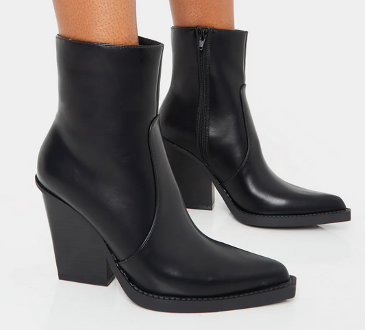 Public Desire - JESSIE BLACK PU WESTERN POINTED TOE BLOCK HEELED ANKLE BOOTS