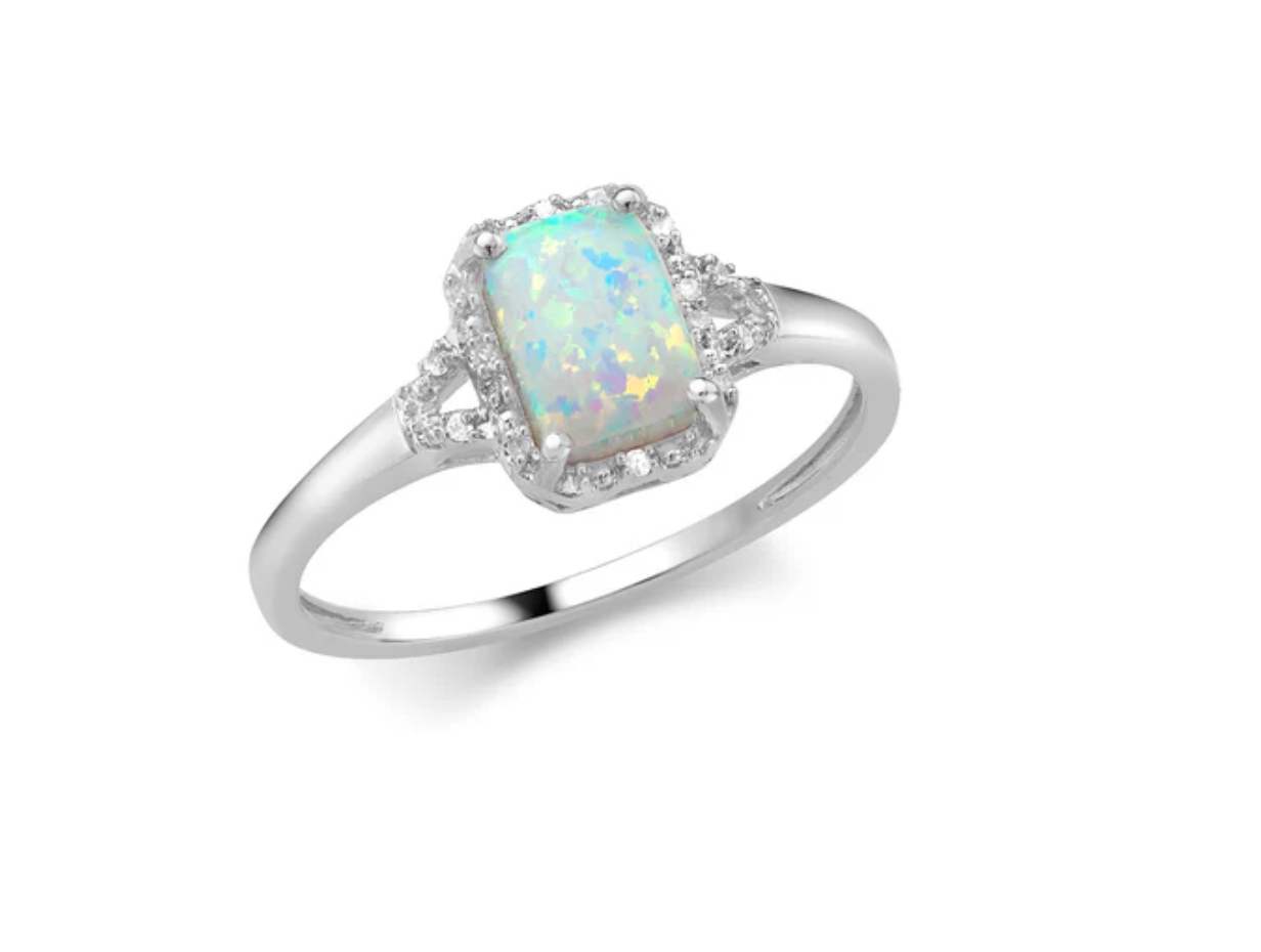 9ct White Gold 0.03ct Diamond and Opal Halo Ring