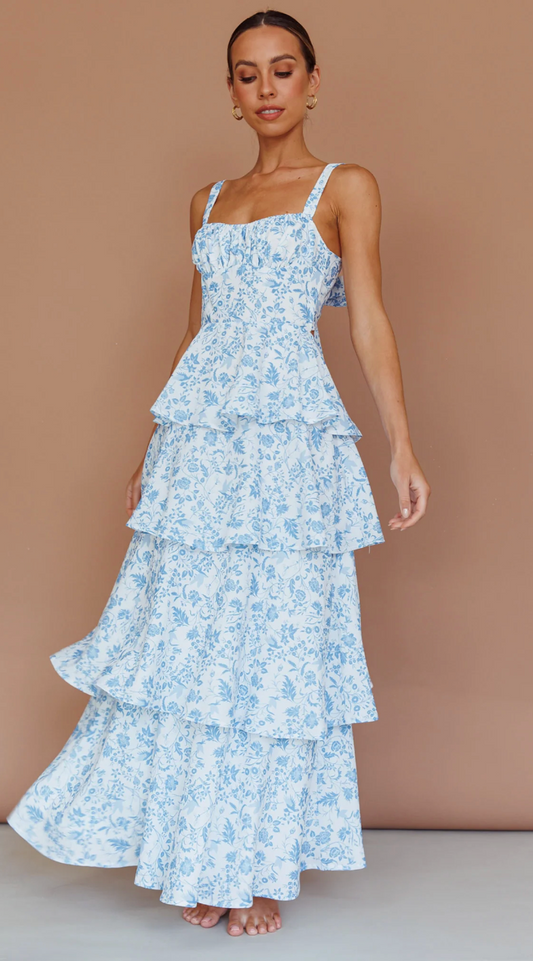 Selfie Leslie - PROVENCE BLOOM TIERED MIDI DRESS FLORAL BLUE