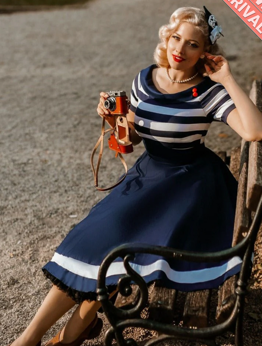 Darlene Nautical Navy & White Striped Swing Dress