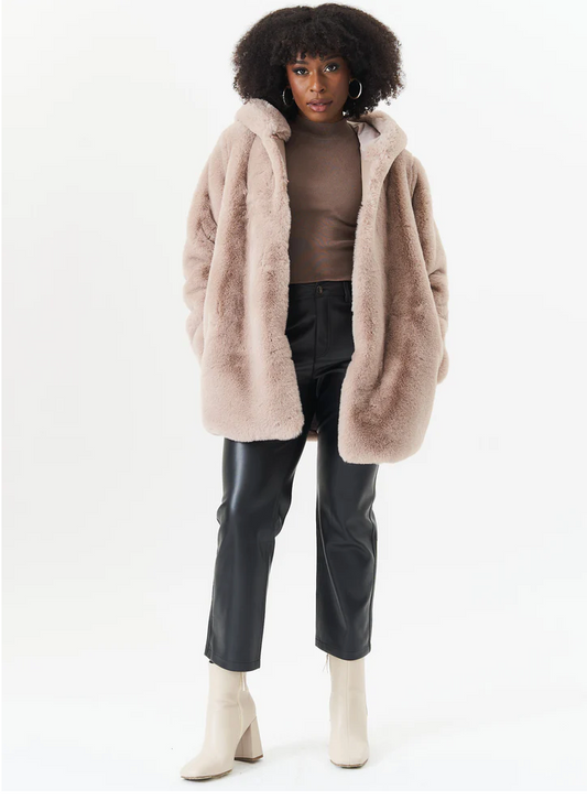 Hooded Long Sleeve Faux Fur Jacket