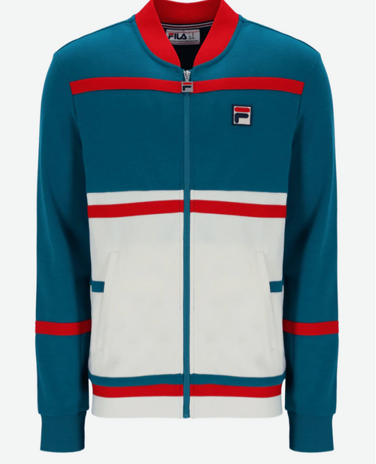 Fila Stefan Archive Cut And Sew Track Jacket In Deep Lagoon/Fila Red/Gardenia