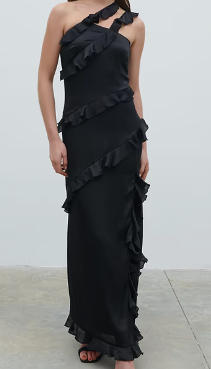 Sabina One Shoulder Ruffle Maxi Dress