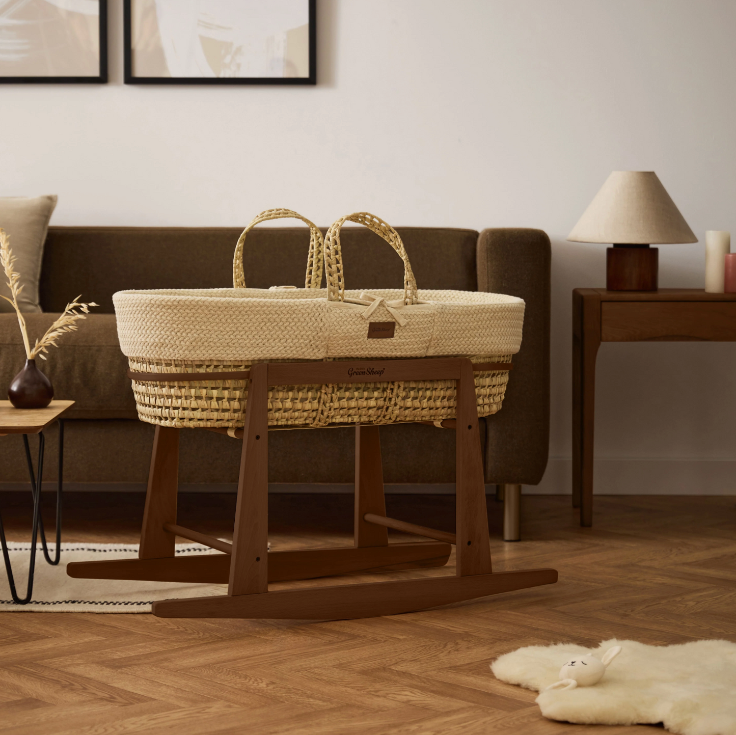 Organic Wheat Knitted Moses Basket, Mattress & Walnut Rocking Stand White
