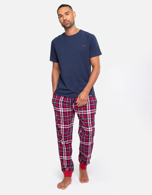 Men's Navy & Red Check Pyjama T-Shirt & Bottoms (2-Piece Set)