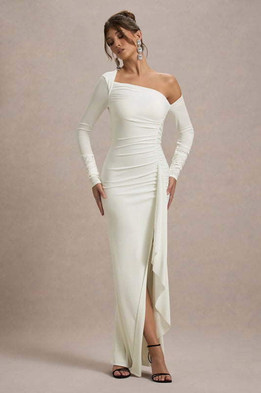Nerina - Cream Asymmetric Long-Sleeve Split Maxi Dress