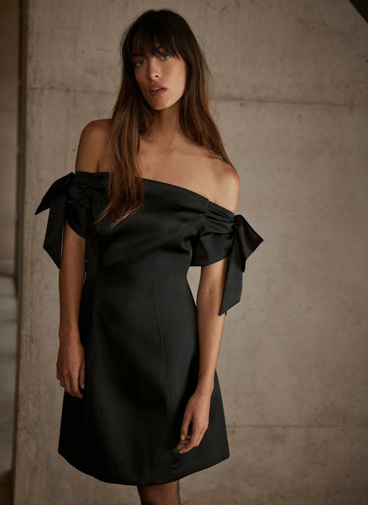 Black Bow Sleeve Satin Mini Dress