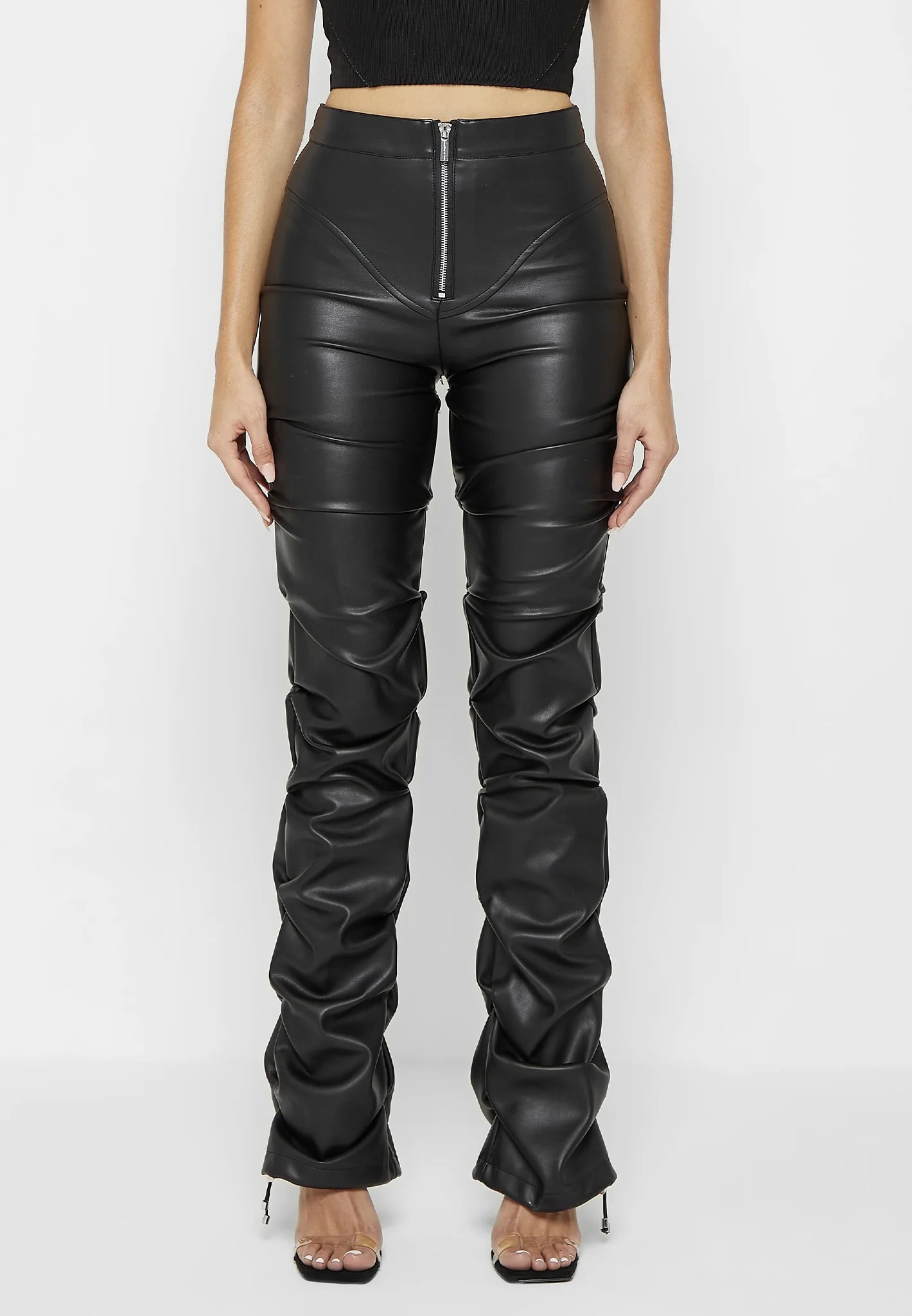 TACKED VEGAN LEATHER FLARED TROUSERS - BLACK